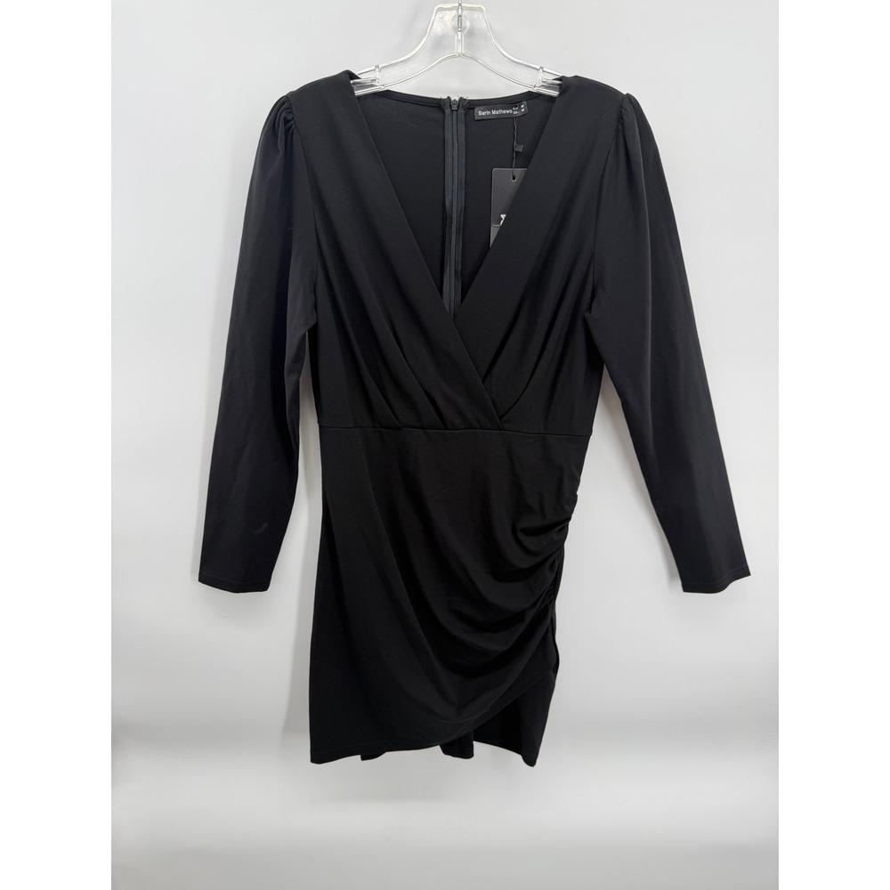 Sarin Mathews Ruched Wrap Dress Womens Medium Black Long Sleeve V-Neck Cocktail